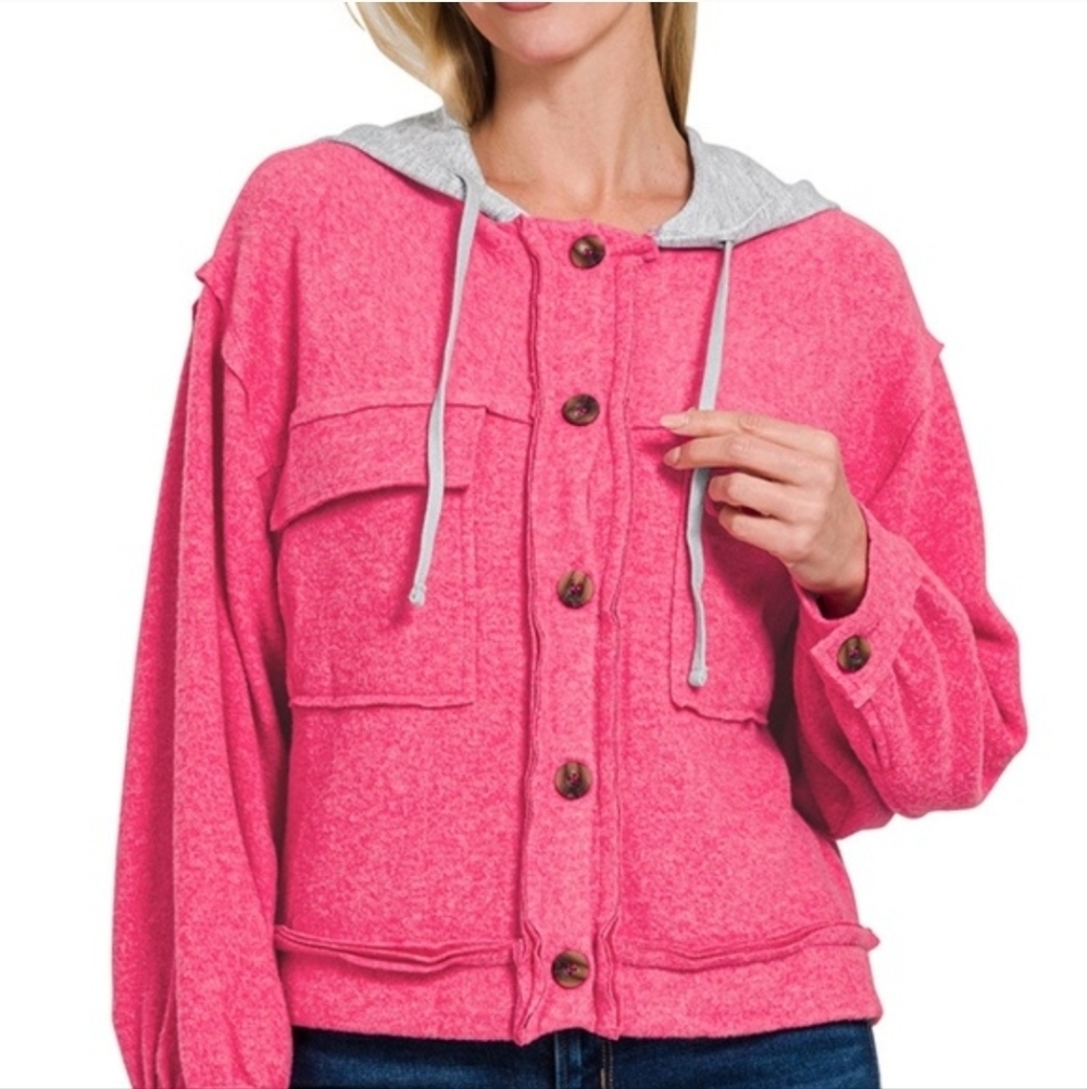 Zenana Brushed Hacci Hooded Button Down Shacket - Picture 1 of 7